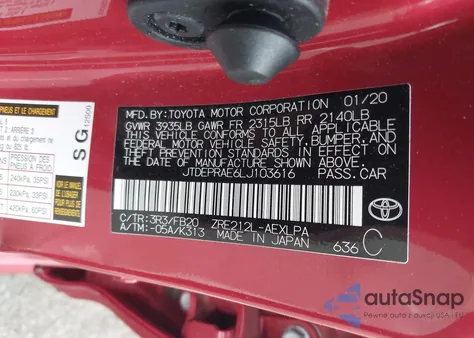 2020 Toyota Corolla Le z USA, uszkodzony, nr VIN JTDEPRAE6LJ103616